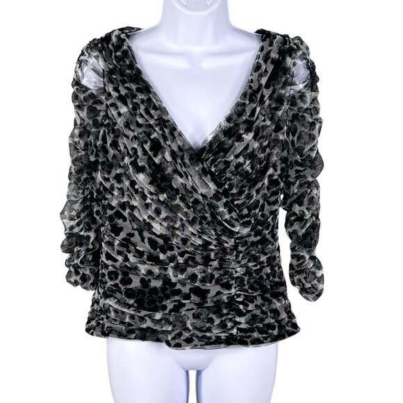 Tadashi Shoji Womens M Leopard Print Ruched Mesh Top V Neck 3/4 Sleeves Blouse - Picture 7 of 15